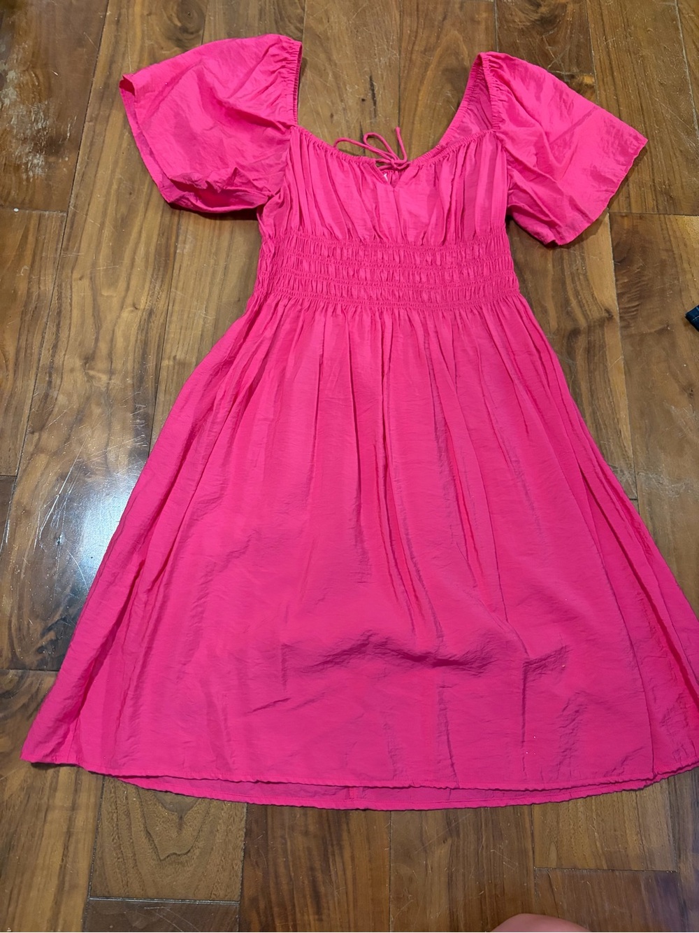 H&M Hot Pink Puff Sleeve Smocked Waist Dress